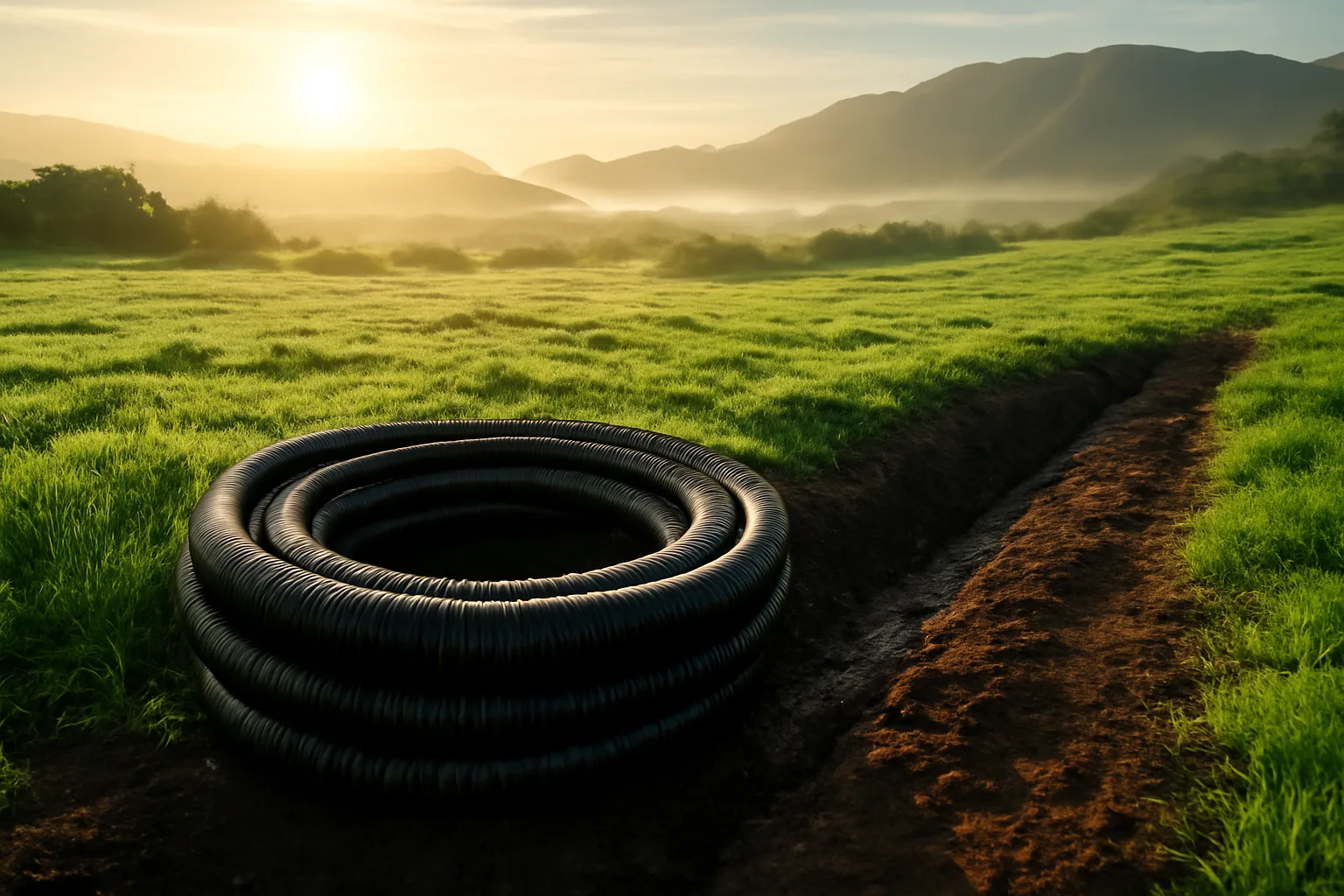 Black drain pipe on wet volcanic soil in a Hawaii pasture