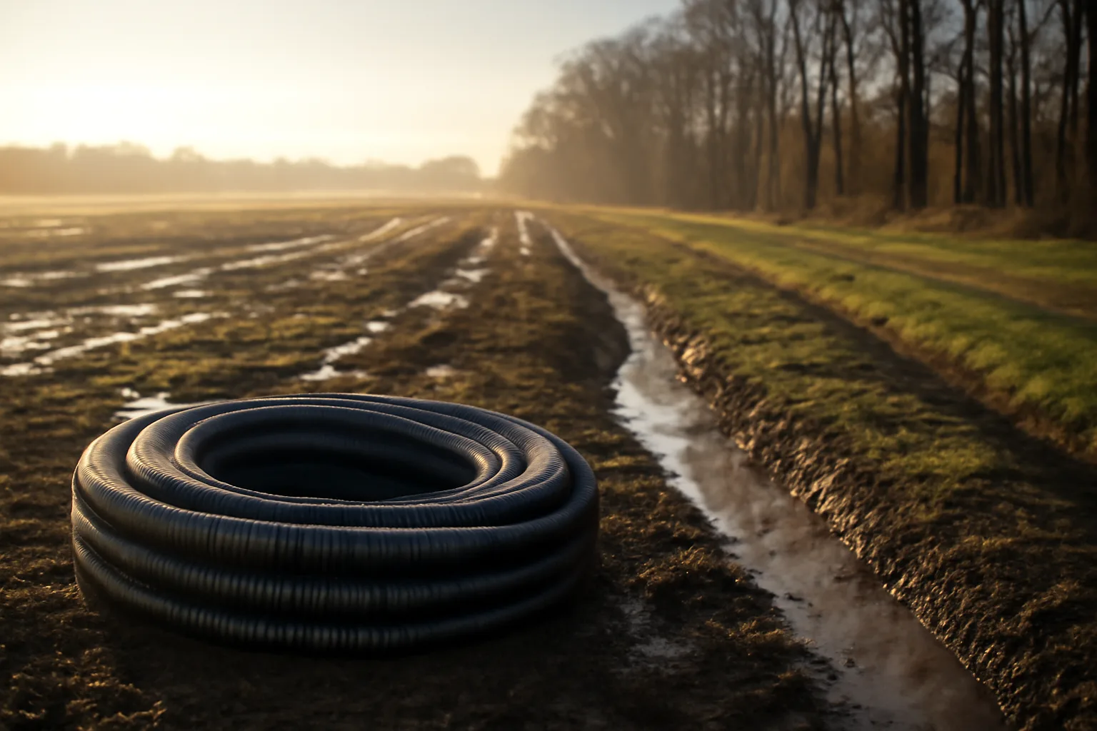 Corrugated drain pipe on a wet Delaware farm field at sunrise