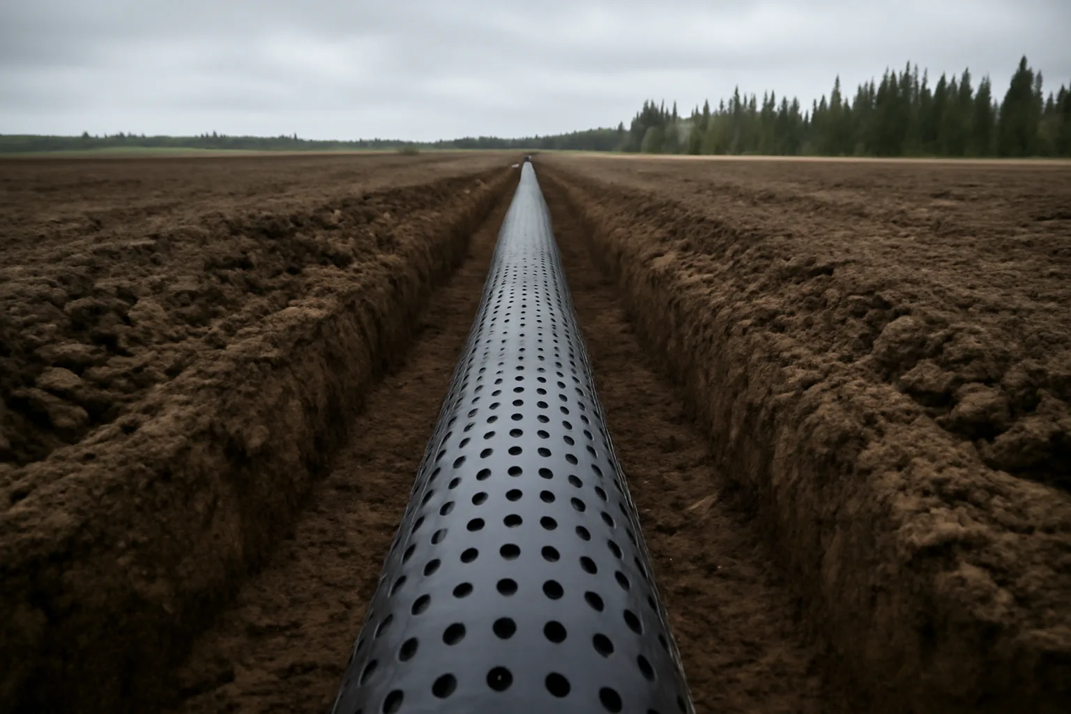 Perforated drainage tile pipe laid in a trench across a flat Alaska farm field