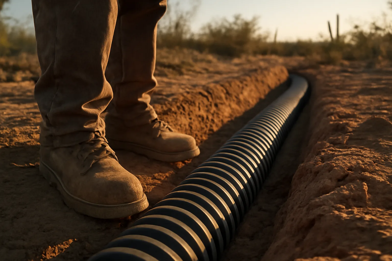 Worker beside open trench with drainage pipe in Arizona desert landscape