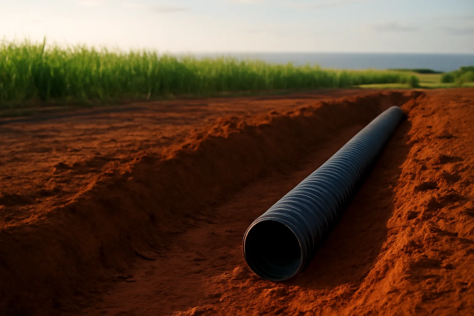Corrugated drainage tile pipe beside a trench in Hawaiian farm soil