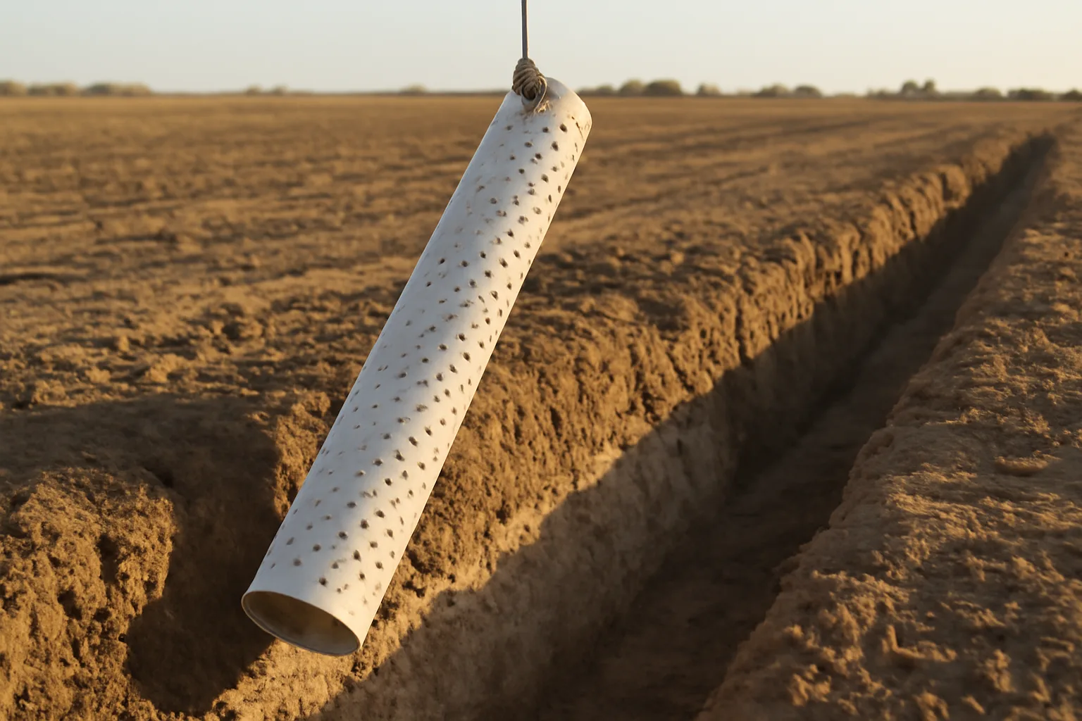 Perforated drainage tile pipe in a desert soil trench showing caliche hardpan layer