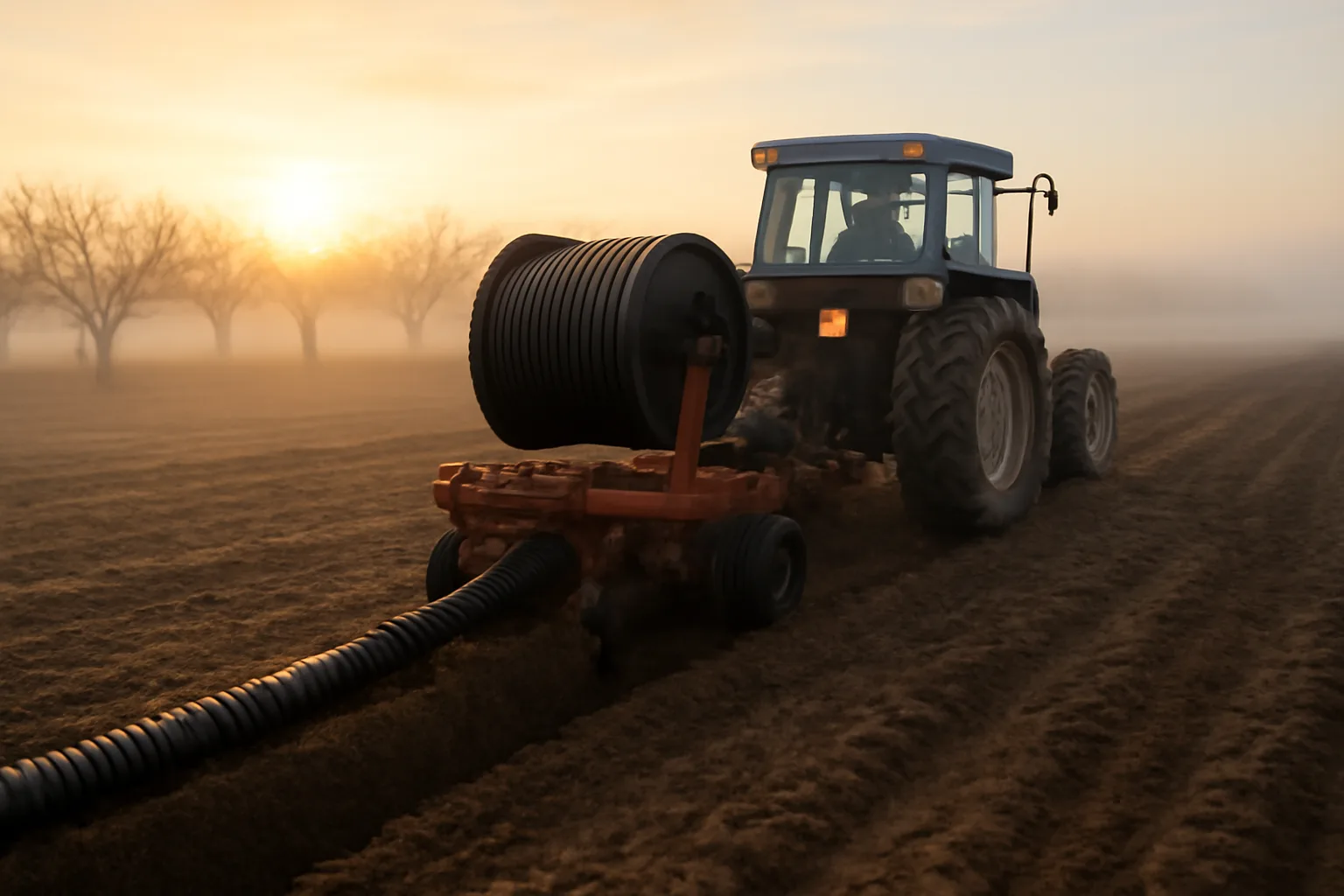 Tile plow installing drainage pipe in a foggy San Joaquin Valley field