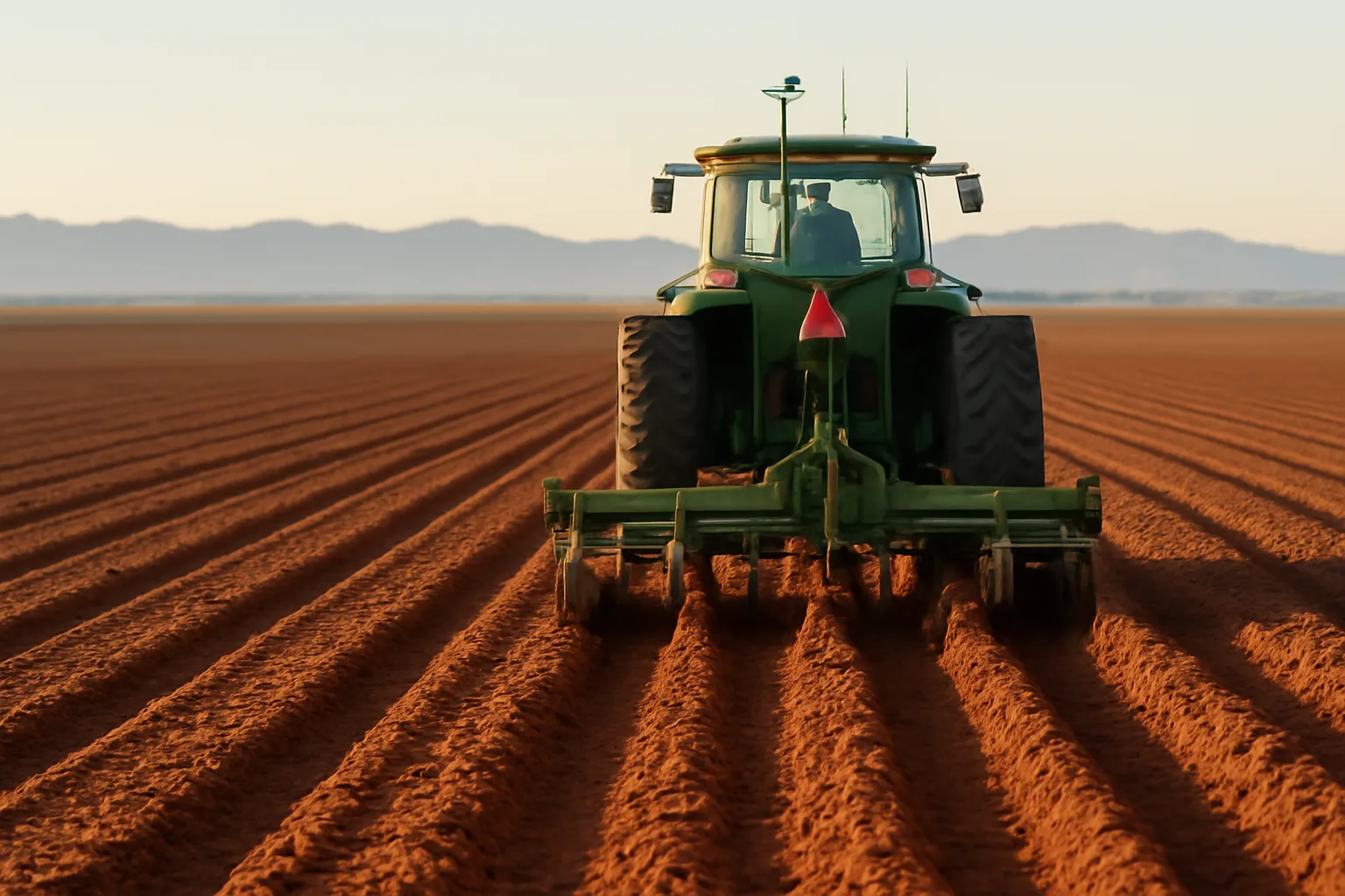 GPS tile plow cutting drainage trenches across a flat Arizona agricultural field