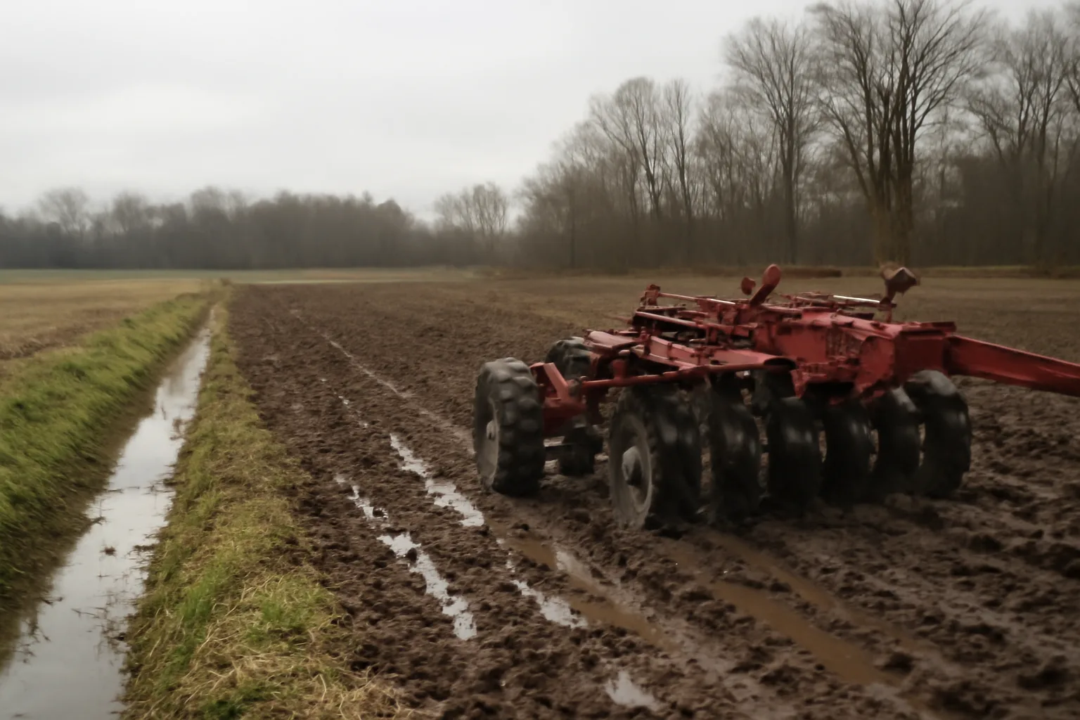 Tile plow cutting wet soil in a Delaware coastal plain field